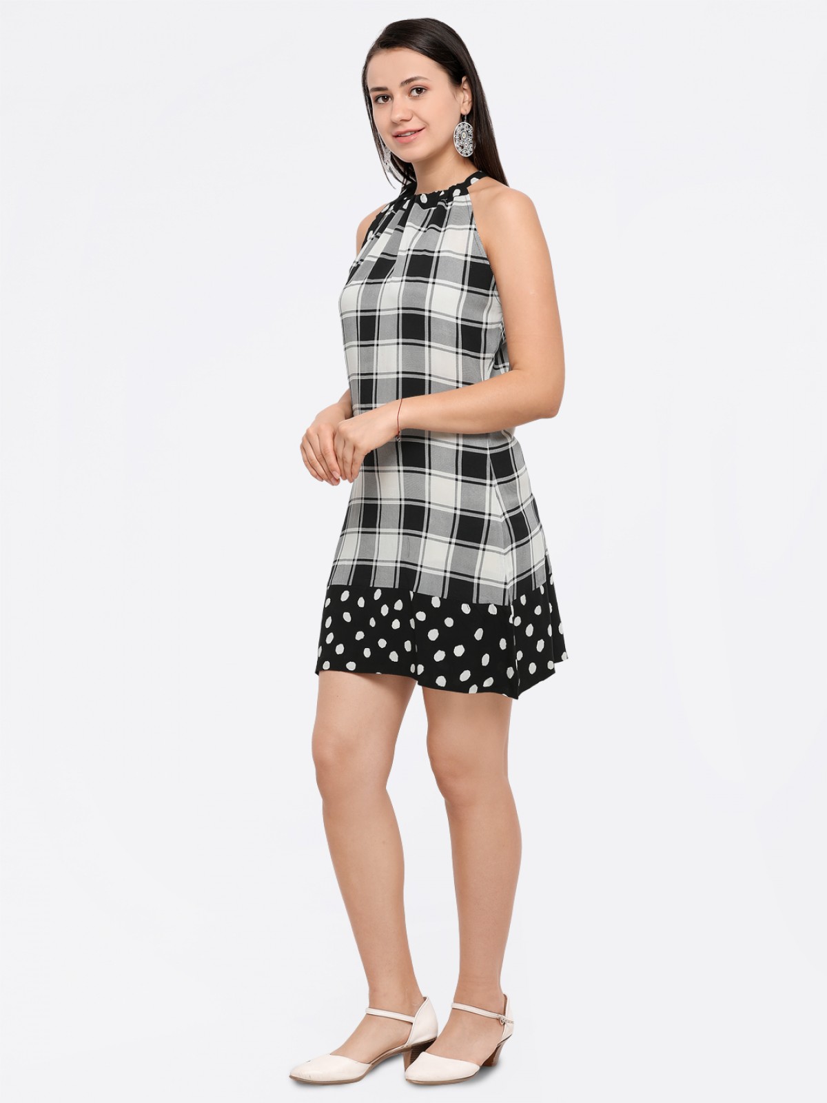 Black & White Checks Neck Tie Knot Bottom Polkadots Flair Dress